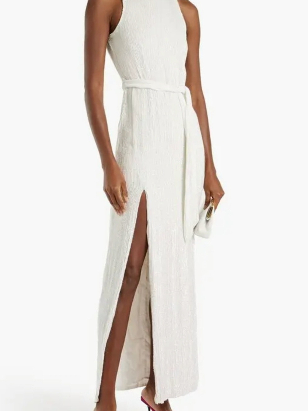 Retrofête Tzilly Belted Sequined Halter Maxi Dress Gown – Snow White